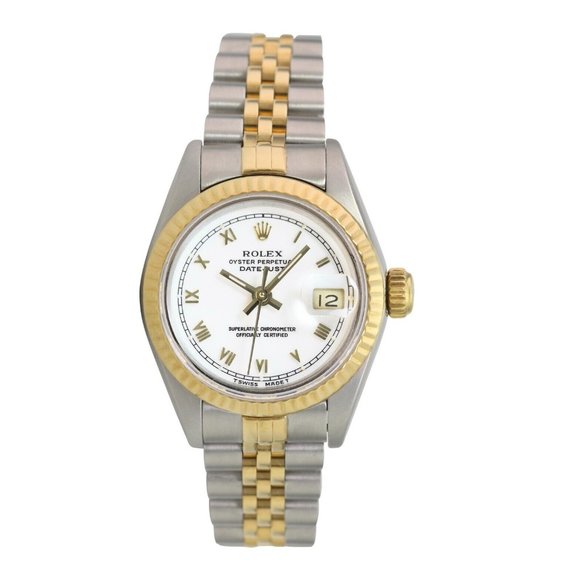 ROLEX DATEJUST WHITE ROMAN DIAL 18K GOLD FLUTED JUBILEE TWOTONE WATCH 26MM 69173 - Picture 12 of 13